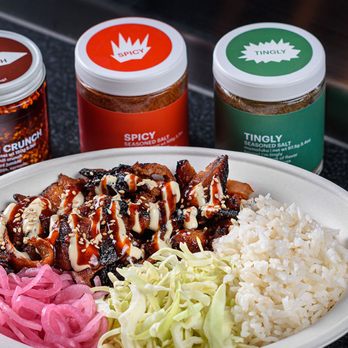 Bang Bar by Momofuku signature dishes Spicy Pork U Wrap, Spicy Eggplant and Teriyaki, Spicy Pork Rice Bowl.